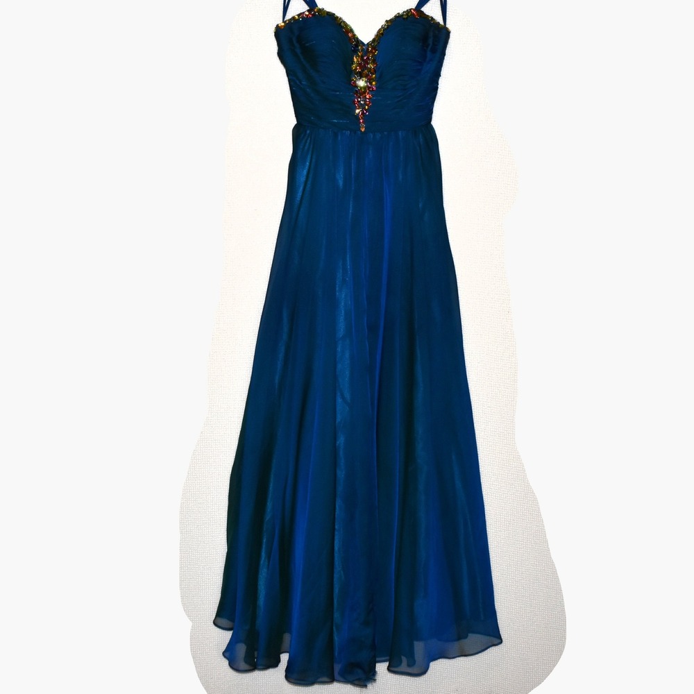 Angela & Alison Blue Iridescent Beaded Chiffon Prom Gown Dress Size 4